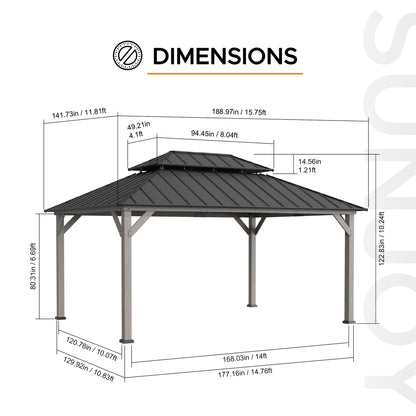 SUNJOY 12 x 16 ft. Wood Gazebo, Outdoor Patio Cedar Framed Steel Hardtop Gazebo with 2-Tier Metal Roof, Suitable for Patios, Lawn and Backyard, Matte Black Roof + Gray Wood Frame