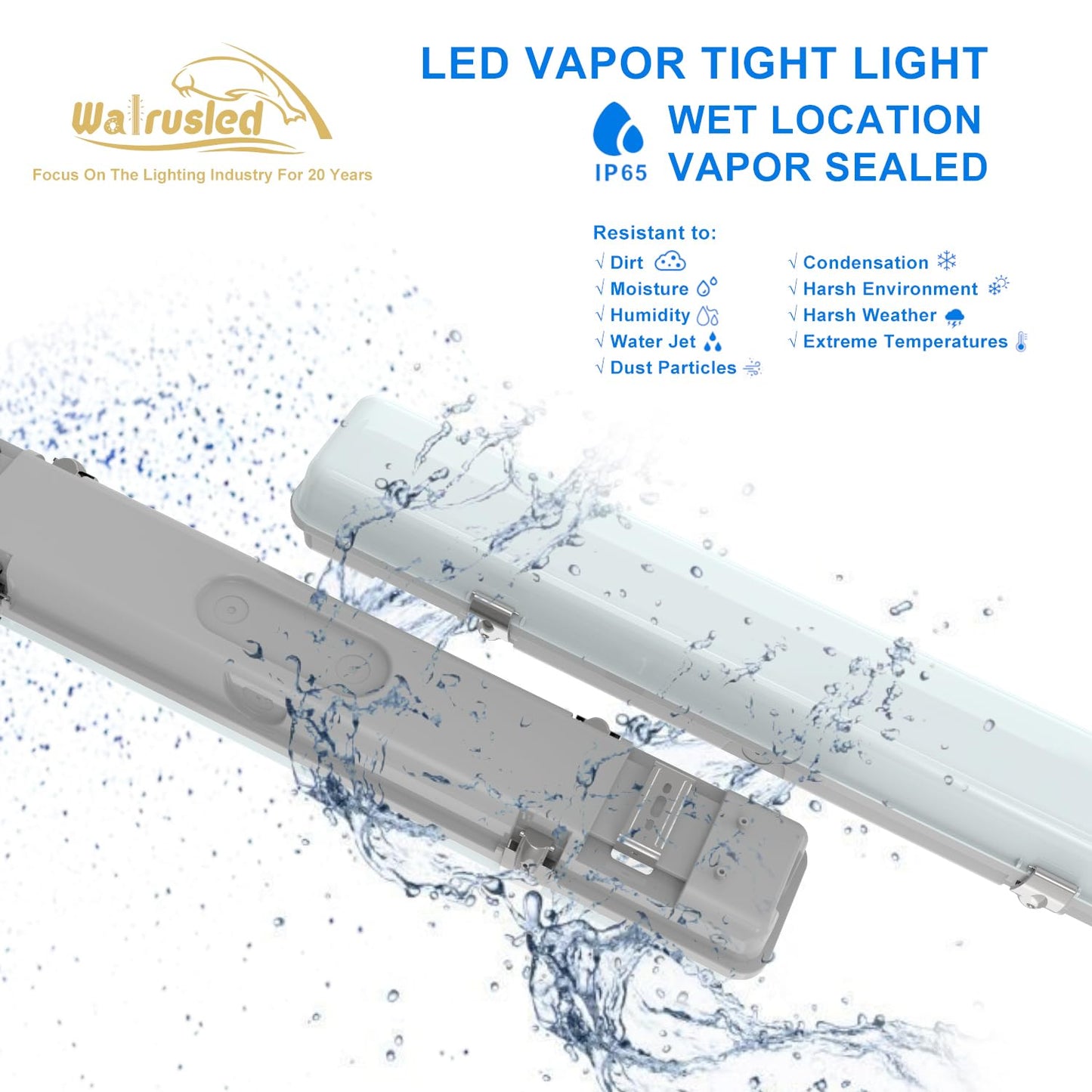 2FT LED Vapor Tight Light, IP65 IK08, 10W(1250lm)/20W(2500lm), 3/4/5000K CCT Selectable, 100-277V, Outdoor Waterproof Shop Light, Vapor Proof Lighting Fixture for Carport Parking Garage, FCC 2-Pack