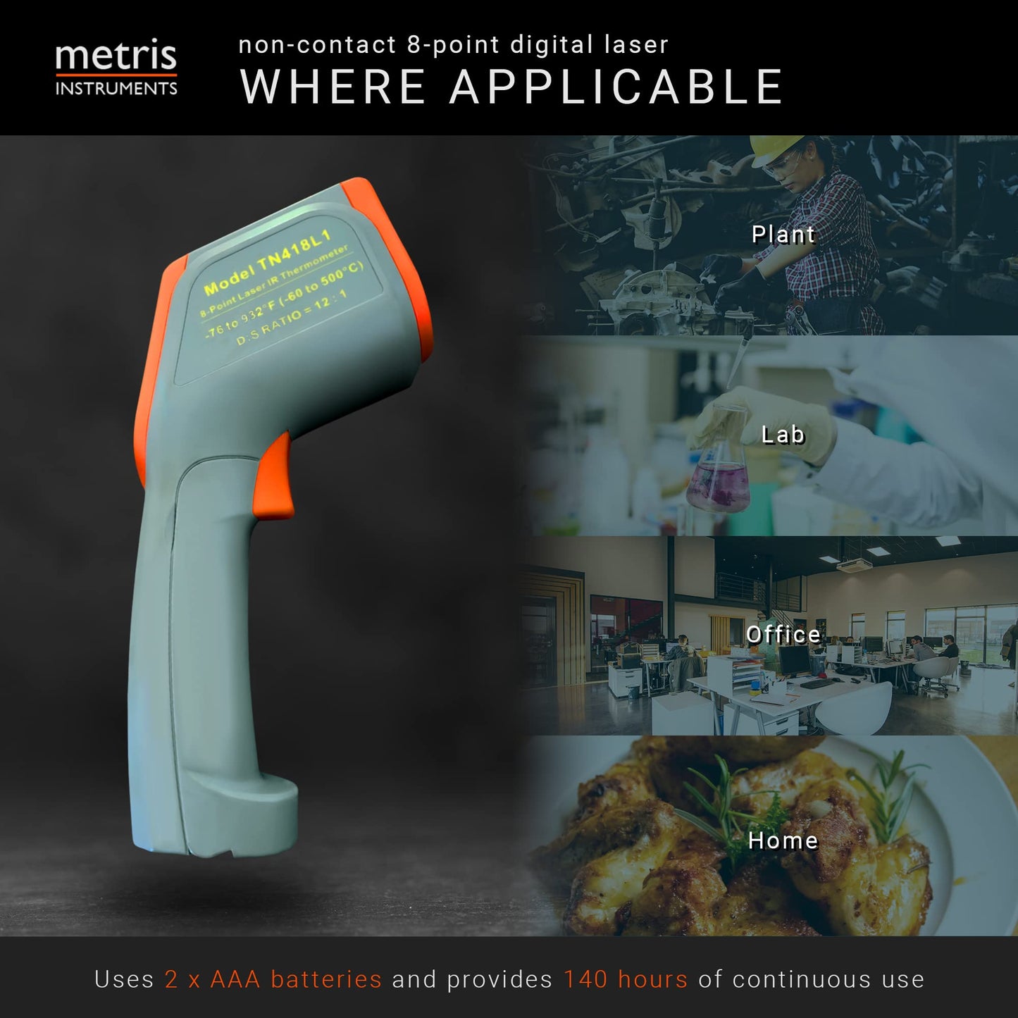 Metris Instruments Digital Infrared Thermometer Gun Laser Temperature Gauge for Cooking, Grill, Pizza Oven, HVAC Tools, 8-Point, 76o to 932o F [-60o to 500o C] 12:1 D:S Ratio, Model TN418L1