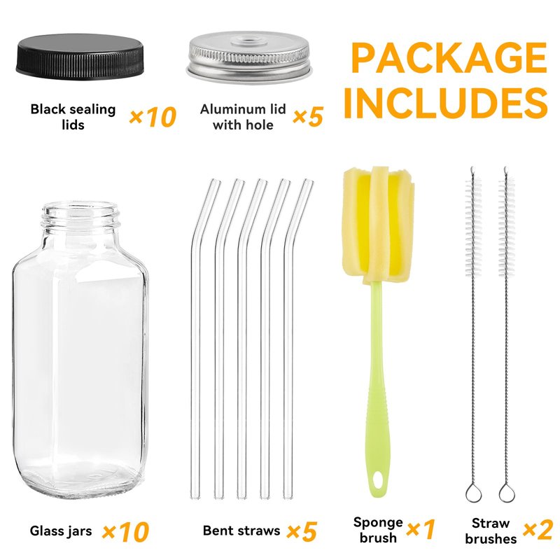Kucoele 16oz Glass Juice Bottles with Lids, 10 Pack Reusable Smoothie Cups Water Bottles Drinking Jars with Glass Straws, Brush, Lids with Hole