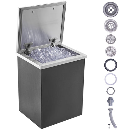 VEVOR Drop in Ice Chest, 14" L x 12" W x 18" H Stainless Steel Ice Cooler, Commercial Ice Bin with Hinged Cover, 40 qt Outdoor Kitchen Ice Bar, Drain-Pipe and Drain Plug Included, for Cold Wine Beer