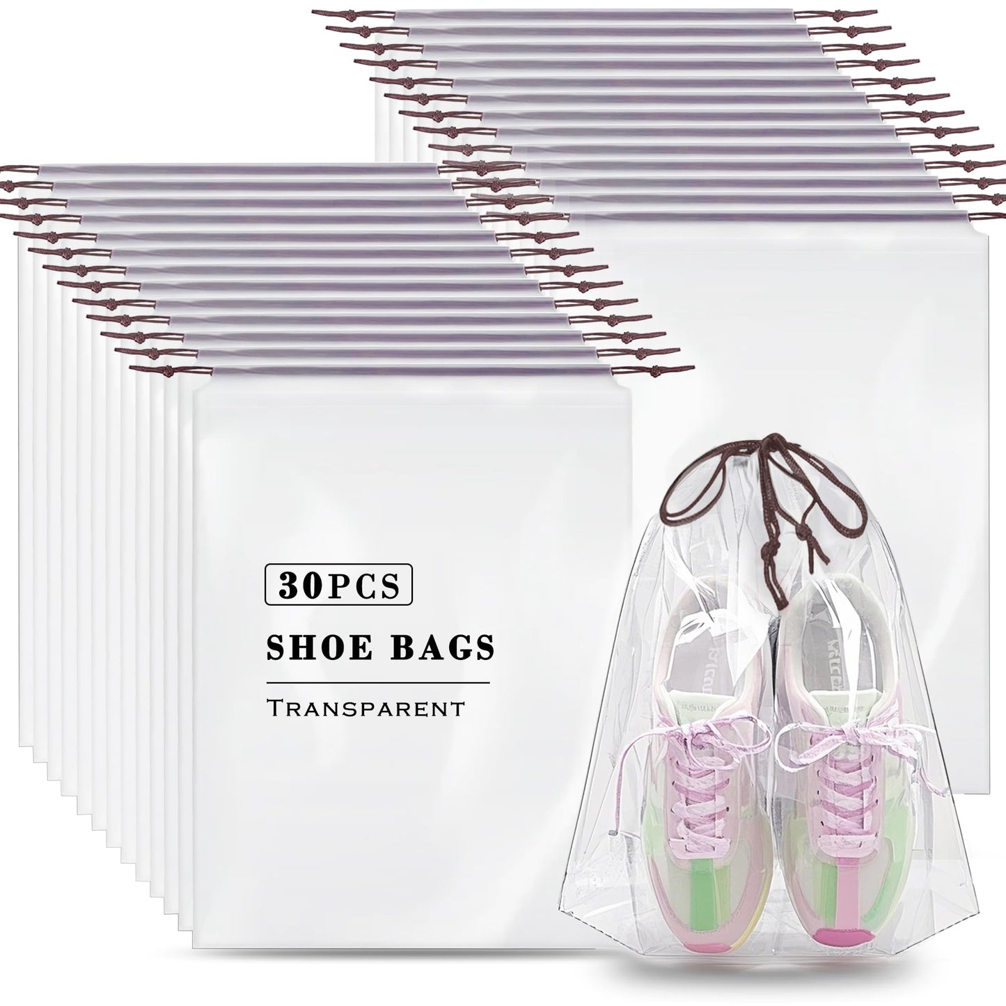 MZYIWUU 30 Pack Clear Shoe Bags for Travel, Transparent Waterproof Drawstring Dust Bags (11.8” x 15.7”) for Packing, Shoe Organization & Storage – Ideal for Men & Women