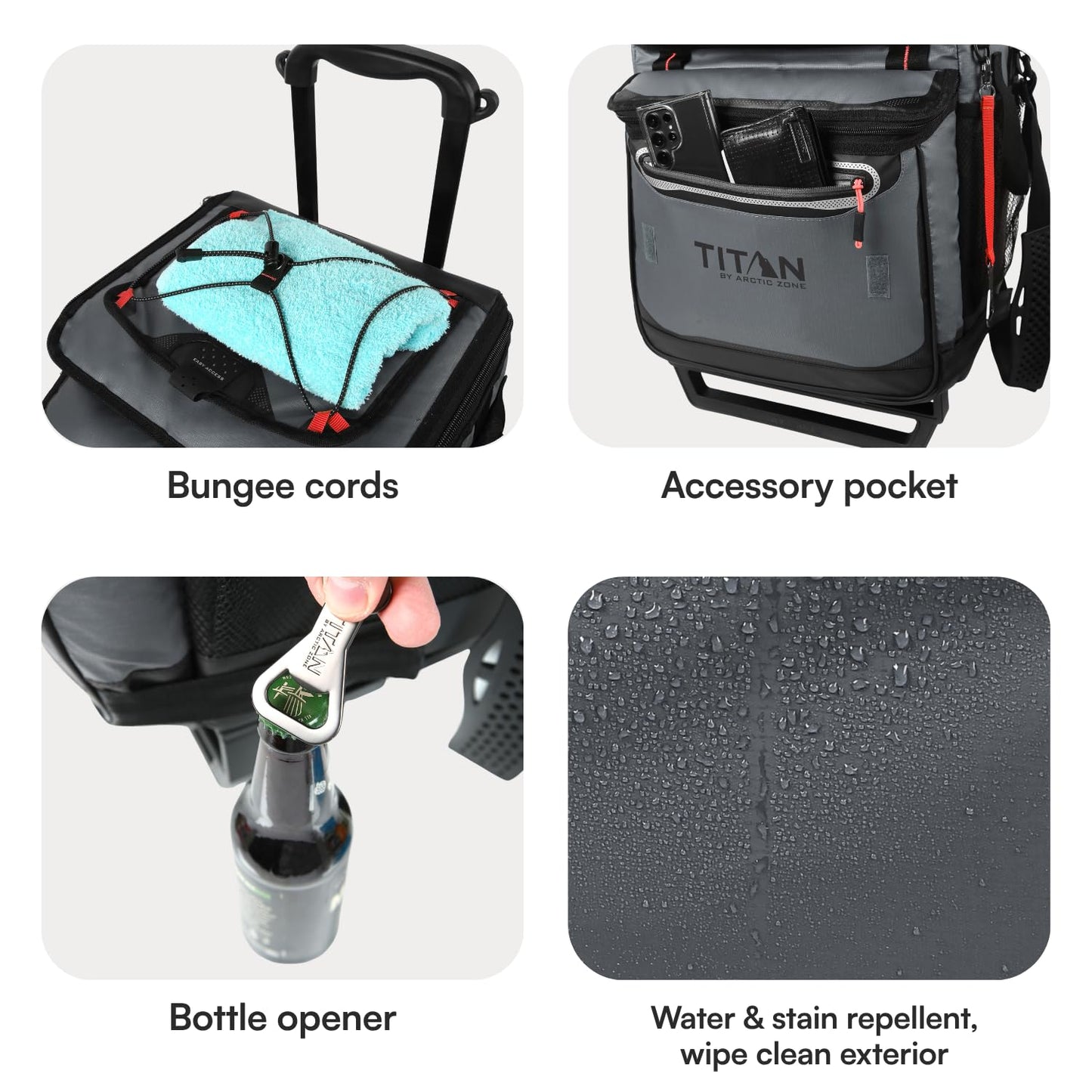 Titan by Arctic Zone Collapsible Wheeled Soft Sided Cooler with Detachable Rolling AT Cart, Insulated Bag with Leak Proof Lining, for Travel, Beach, Picnic, 60 Can Capacity, Sharkskin Grey