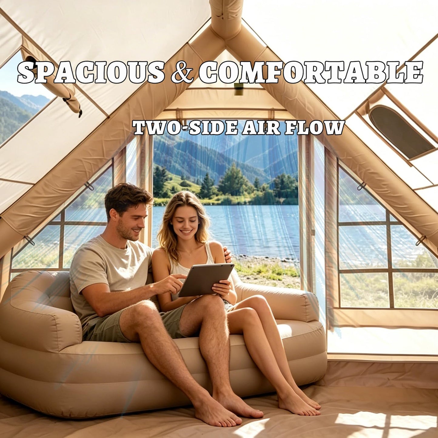 Inflatable Camping Tents with Hand Pump, Air Glamping Tents, Easy Setup Waterproof and Windproof Blow up Tent, 4 Seasons Oxford Cabin Tent with Mesh Window & Stove Jack. (9.8 * 6.9ft)