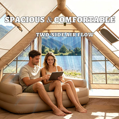 Inflatable Camping Tents with Hand Pump, Air Glamping Tents, Easy Setup Waterproof and Windproof Blow up Tent, 4 Seasons Oxford Cabin Tent with Mesh Window & Stove Jack. (9.8 * 6.9ft)