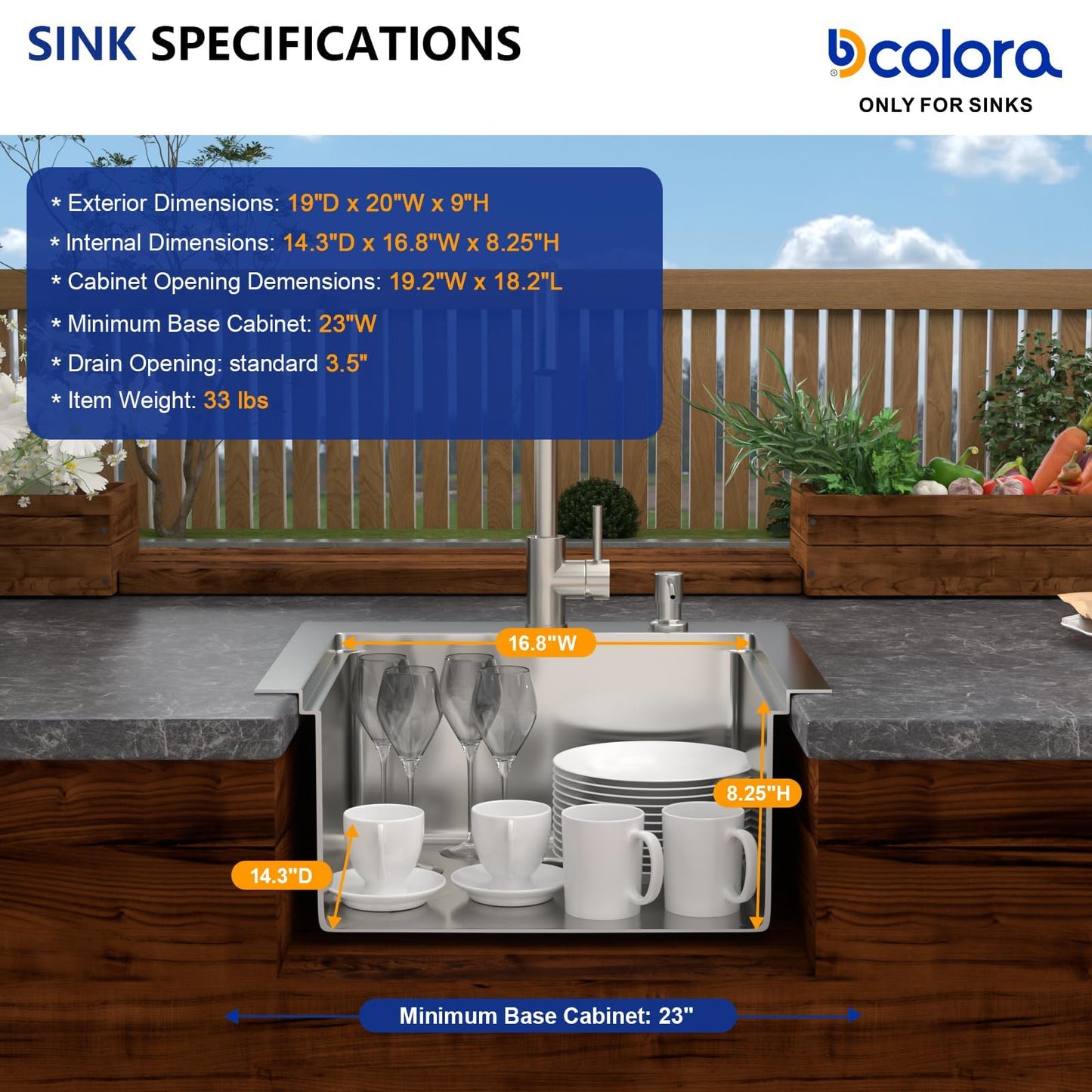 Dcolora 20 In. Outdoor Kitchen Sink, Drop In Workstation Bar Sink for Patio, RV and Utility Use, Single Bowl 304 Stainless Steel with Faucet and Dust Lid, 20"x19"x9" #DC-SFDOE00160