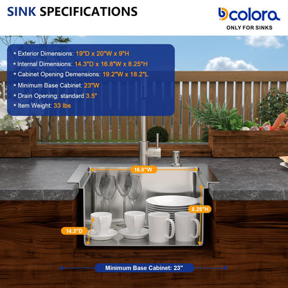 Dcolora 20 In. Outdoor Kitchen Sink, Drop In Workstation Bar Sink for Patio, RV and Utility Use, Single Bowl 304 Stainless Steel with Faucet and Dust Lid, 20"x19"x9" #DC-SFDOE00160