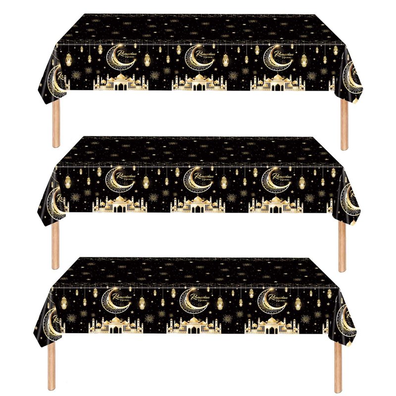 Qpout 3 Pack Ramadan Tablecloths, Disposable Plastic Rectangle Eid Table Covers with Moon and Star Design for Ramadan Mubarak Decorations, 108 x 54 Inches