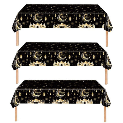 Qpout 3 Pack Ramadan Tablecloths, Disposable Plastic Rectangle Eid Table Covers with Moon and Star Design for Ramadan Mubarak Decorations, 108 x 54 Inches