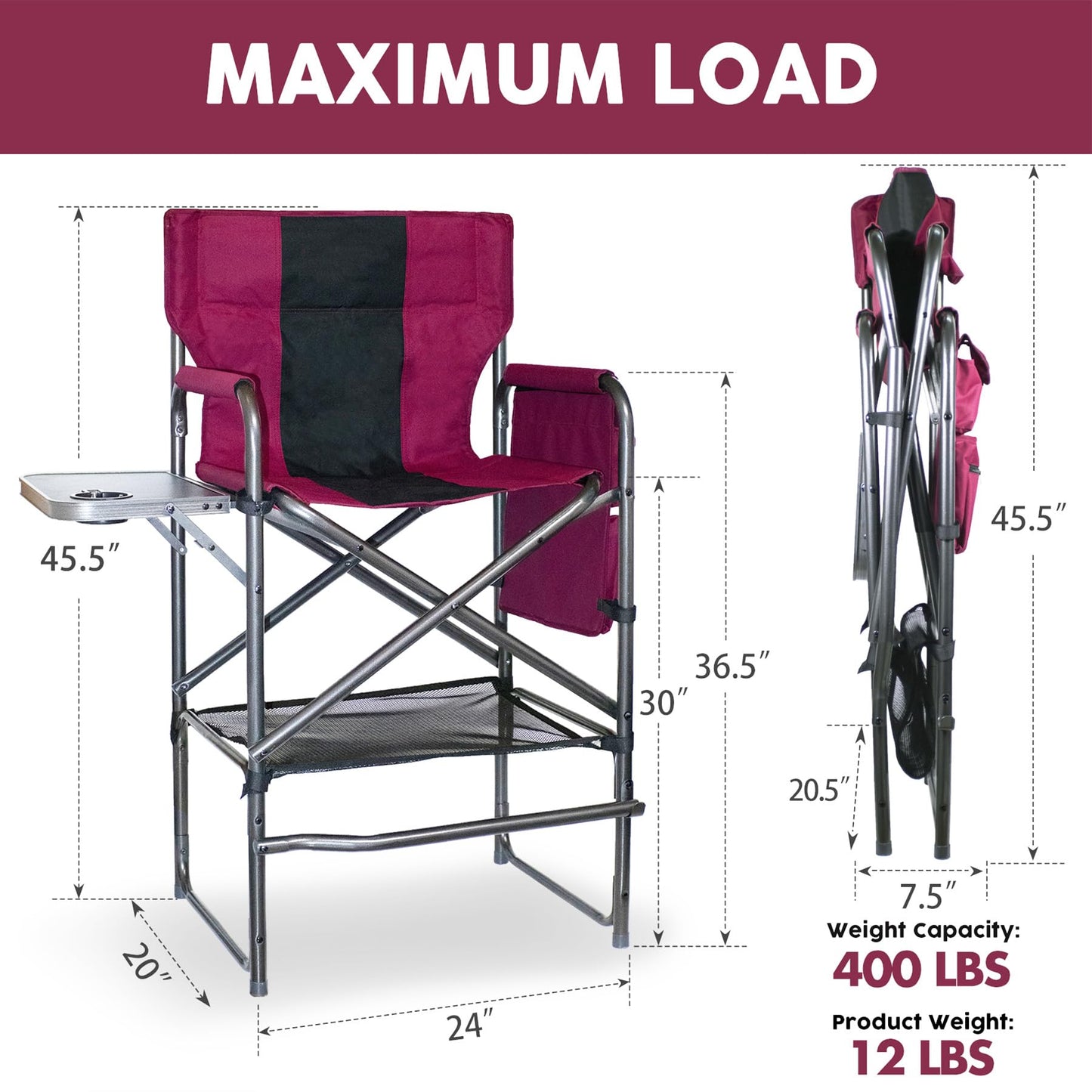 Foristrail 30" Tall Directors Chair with Side Table, 400LBS Bar Height Folding Camping Chair for Makeup Artists, Outdoor Events, Portable Foldable Chair with Cup Holder & footrest - Light Wine Red