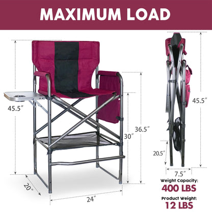 Foristrail 30" Tall Directors Chair with Side Table, 400LBS Bar Height Folding Camping Chair for Makeup Artists, Outdoor Events, Portable Foldable Chair with Cup Holder & footrest - Light Wine Red