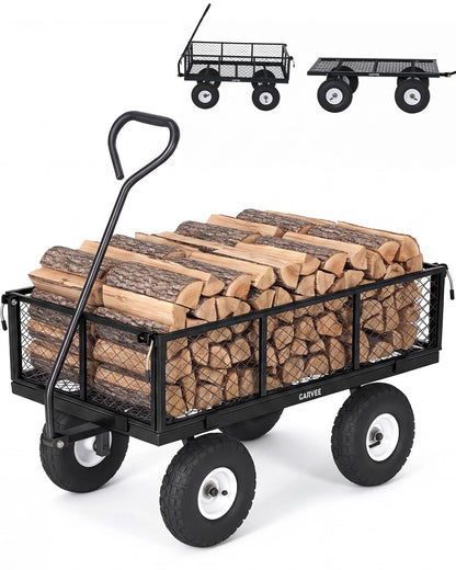 Garvee Versatile Outdoor Utility Cart - 800LBS Heavy-Duty, 10" All-Terrain Pneumatic Tires, Easy Maneuverable Lawn Cart with Removable Mesh Panels for Gardening & Landscaping, Black