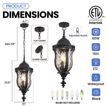 Smeike Large Outdoor Pendant Light Fixtures, 23.6'' Exterior Hanging Lantern Porch Light Adjustable, Black Hanging Lamp Farmhouse Exterior Chandelier Ceiling Mount for Entrance Patio