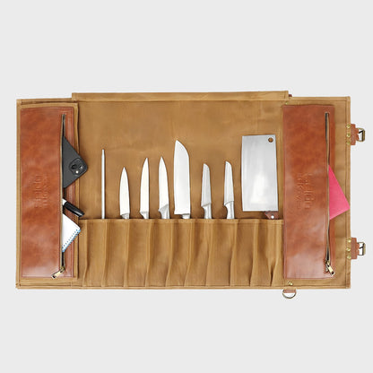 Seido Knives Classic Knife Roll Bag - Heavy Duty Canvas & Leather - Holds 18 Culinary Tools, Including 12 Large Knives, 4 Utensil Slots, and 2 Meat Cleaver Compartments