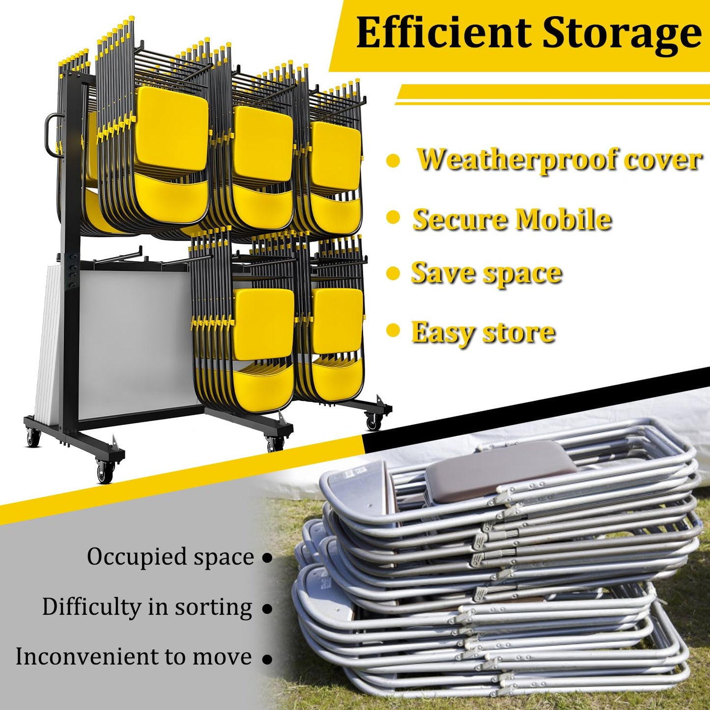 Folding Chair Cart, Two Tier Folding Chair Rack with Locking Wheels, Chair Holders for Storage, Chair Storage Rack, Holder for 84 Chairs, with Watherprooft Cover & Elastic Straps