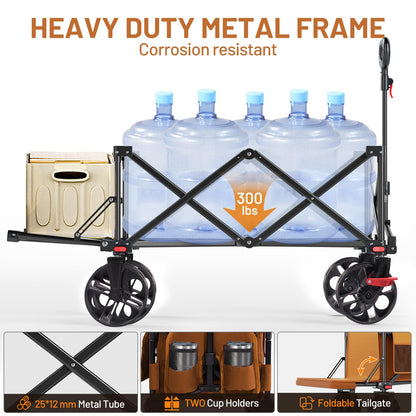 Timber Ridge 47" L Collapsible Wagon with Tailgate & Brake, 300 lbs Heavy Duty Beach Wagon with All-Terrain Big Wheels, 250L Foldable Utility Cart for Sand Camping Sports Shopping, Orange