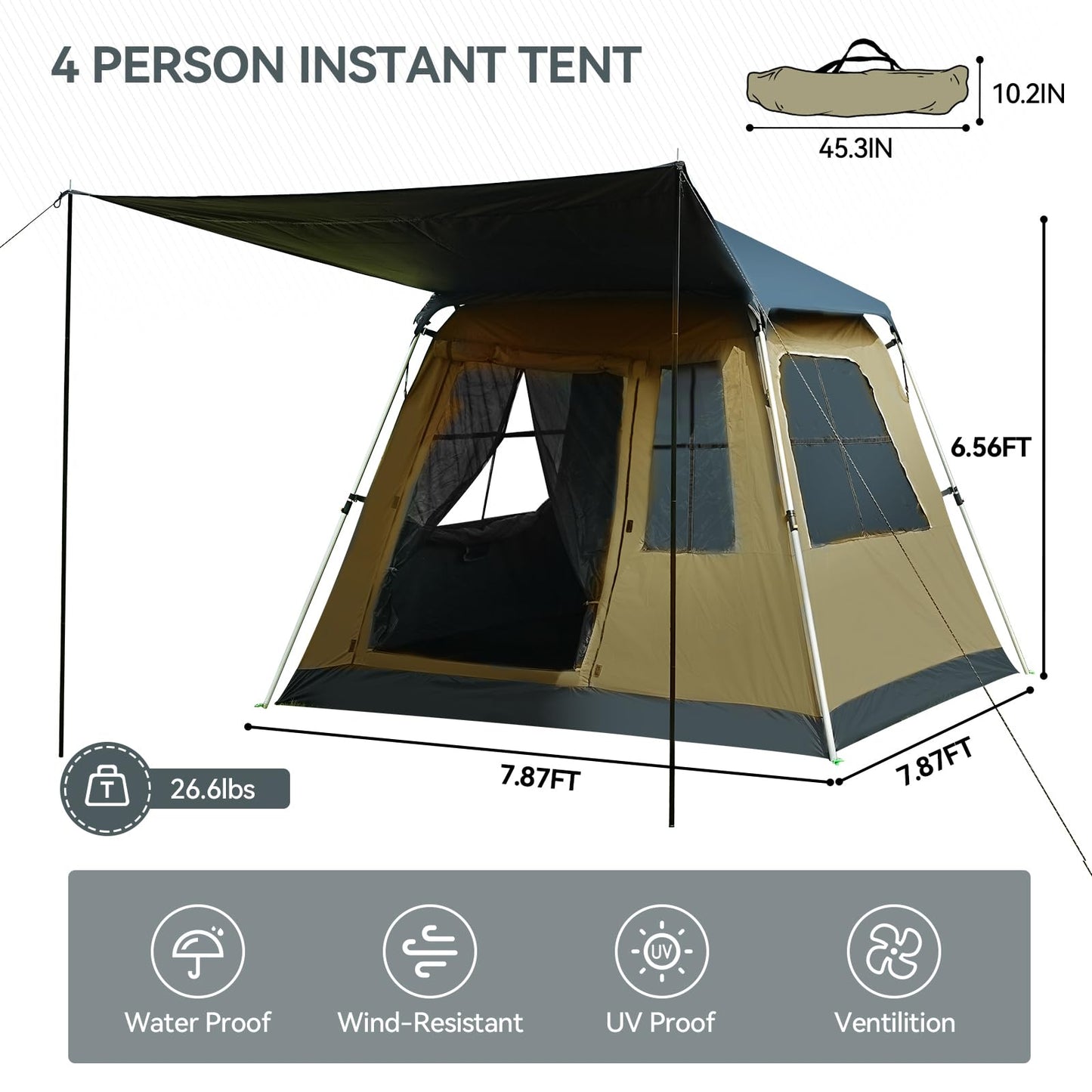 Instant Pop-Up Camping Tent with Removable Sunshade - 3-4 Person Dome Tent with UV Protection & Ventilation, Waterproof Windproof for Beach, Hiking, Outdoor. (Olive)