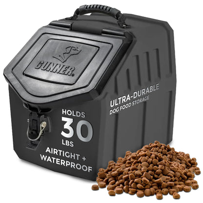 GUNNER 30 lbs Black Dog Food Storage Container with Measuring Scoop – Waterproof & Airtight Pet Food Bin for Dry Food, Corn, Chicken Feed, Bird Seed & Treats – 3 Cup Ergonomic Scooper with Markers