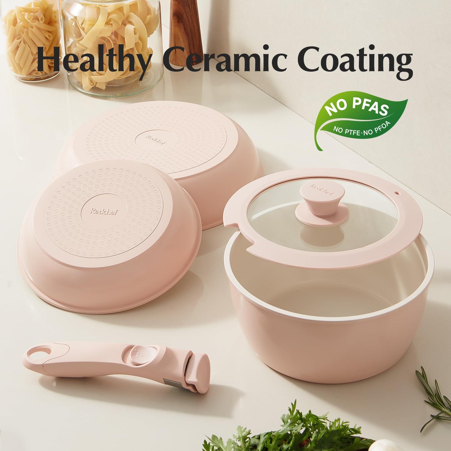 RedChef Ceramic Pots and Pans Set, Nonstick Kitchen Cookware with Detachable Handle, 22pcs, PFAS, PFOA & PTFE Free, RV Ceramic Cookware for Camping, Dishwasher & Oven Safe