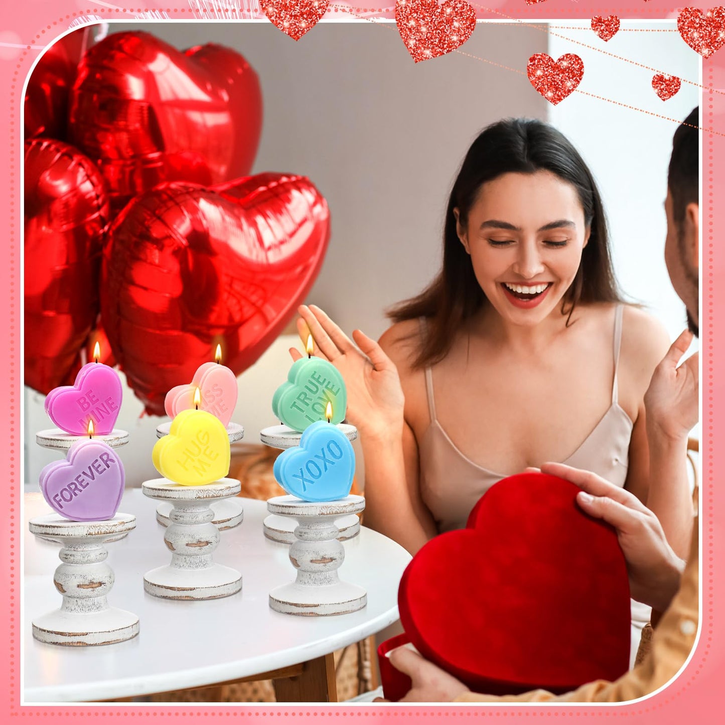 Conelist 6 Pcs Valentine's Day Conversation Heart Candle Aesthetic Unscented Handmade Candles Romantic Conversation Heart Valentine's Day Gifts for Home Wedding Decoration