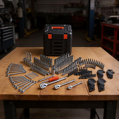 VEVOR Mechanics Tool Set, 297-Piece Mechanic Tool Kit, 1/4 in, 3/8 in, and 1/2 in Drive, SAE and Metric Socket Set, Wrenches, Screwdriver Bits, Accessories, and Storage Case, for Automotive Repair