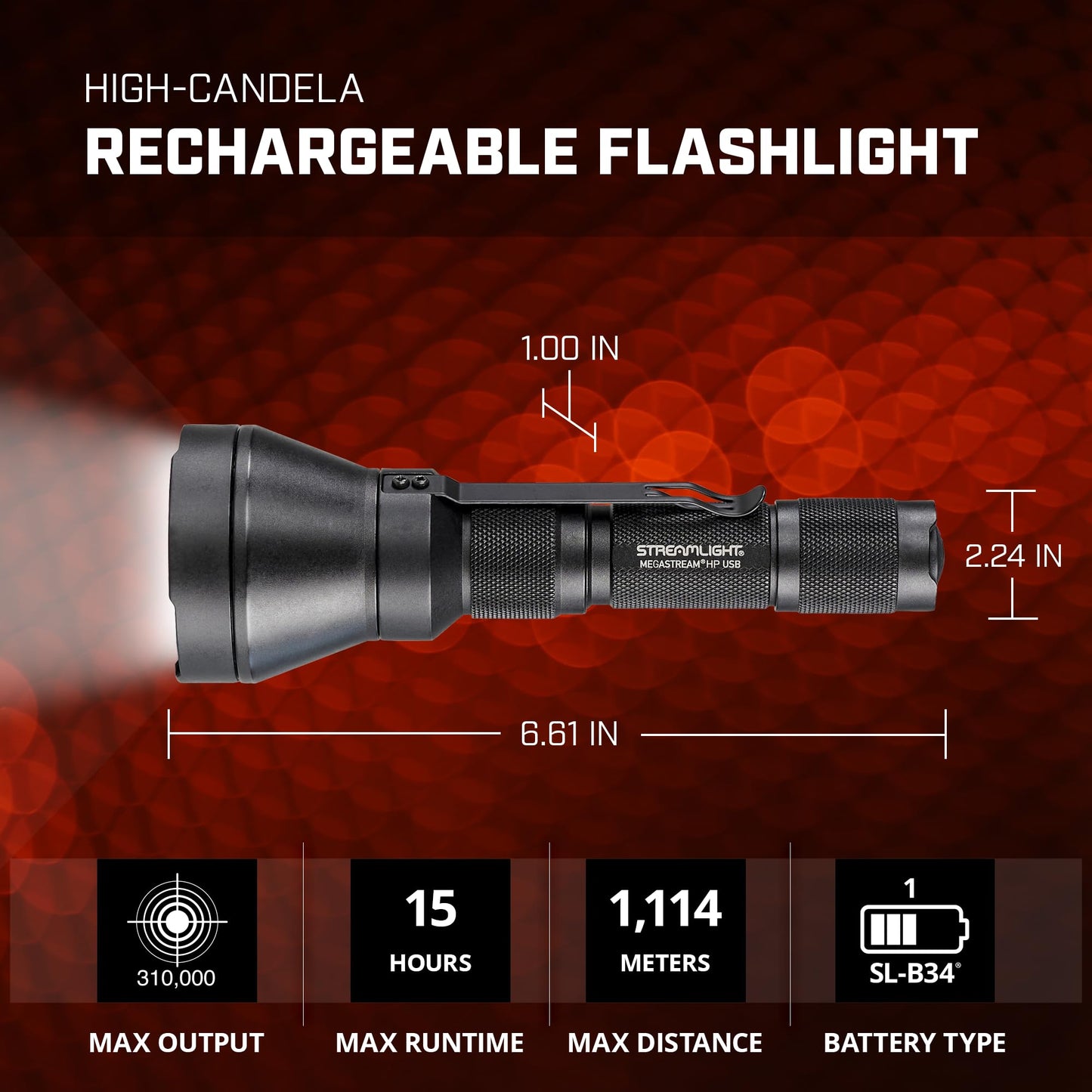 Streamlight 66211 MegaStream HP USB 1350-Lumen 310000-Candela Rechargeable EDC Flashlight Includes Rechargeable Battery, USB-C Cable, and Holster, Black
