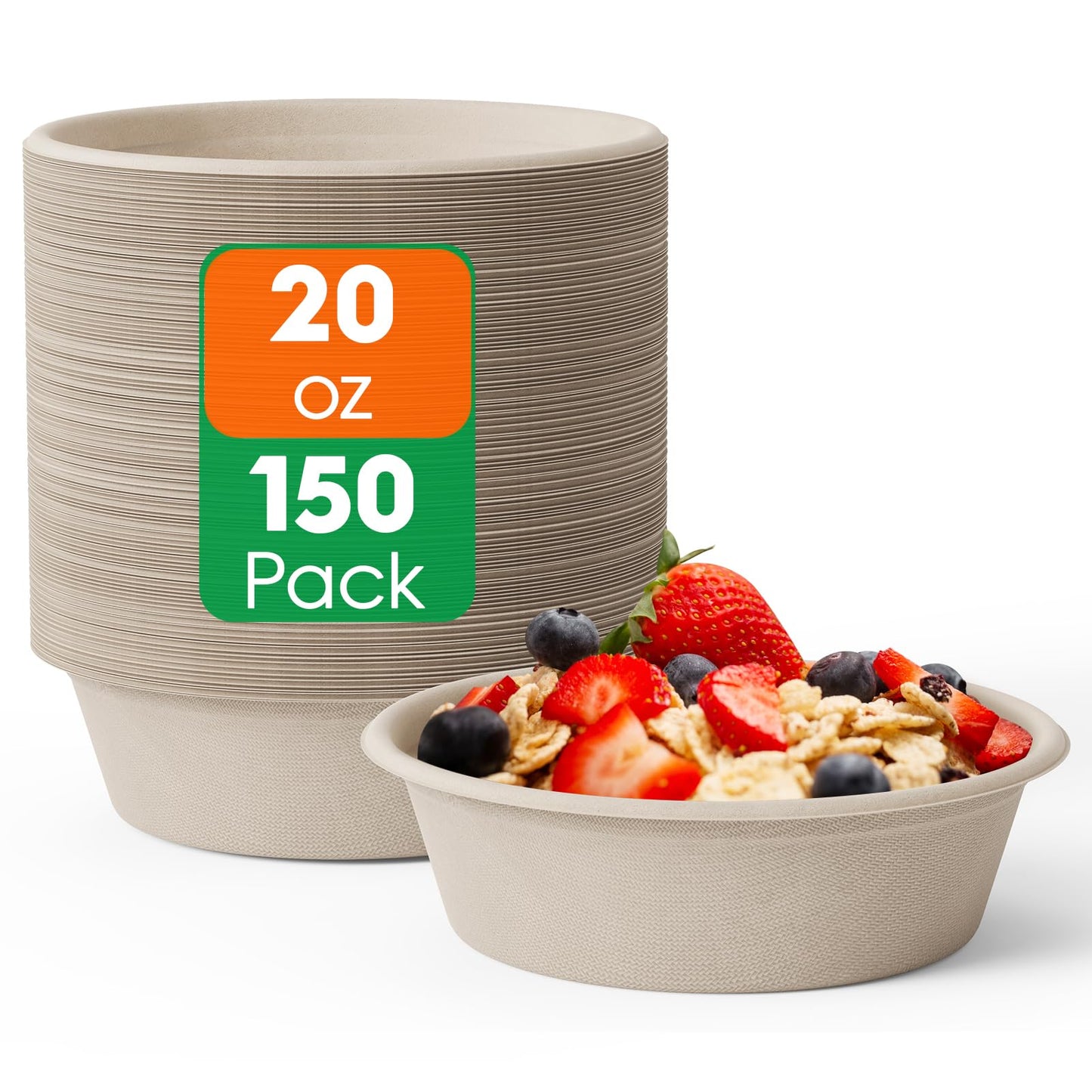ECOLipak 20 OZ 150 Count Paper Bowls, Disposable Compostable Large Soup Bowl, Heavy Duty Bagasse Bowls for Family Lunch, Dinner Meals, Camping, Party