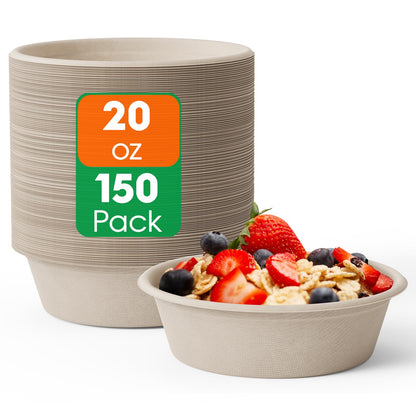 ECOLipak 20 OZ 150 Count Paper Bowls, Disposable Compostable Large Soup Bowl, Heavy Duty Bagasse Bowls for Family Lunch, Dinner Meals, Camping, Party