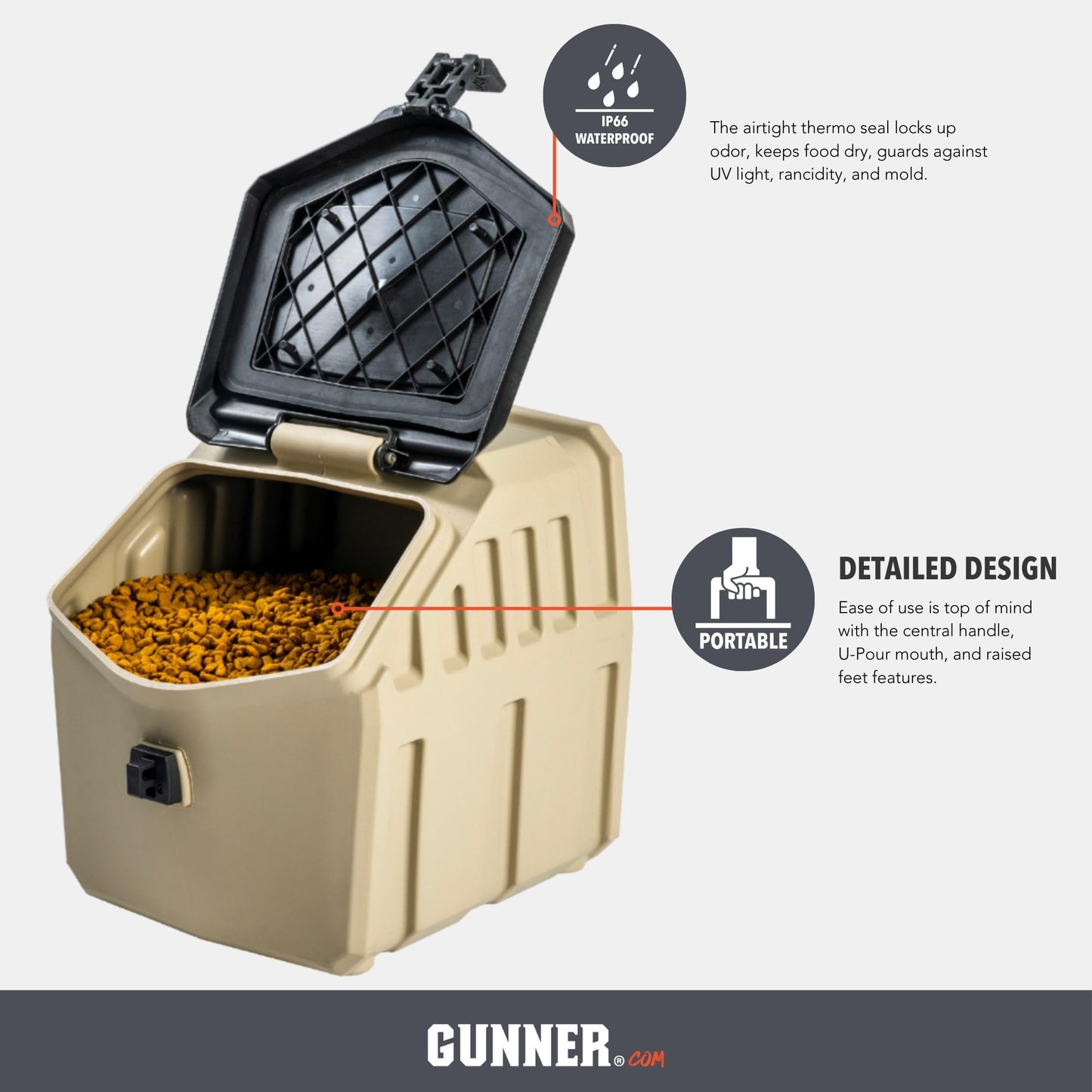 GUNNER 30 lbs Tan Dog Food Storage Container with Measuring Scoop – Waterproof & Airtight Pet Food Bin for Dry Food, Corn, Chicken Feed, Bird Seed & Treats – 3 Cup Ergonomic Scooper with Markers