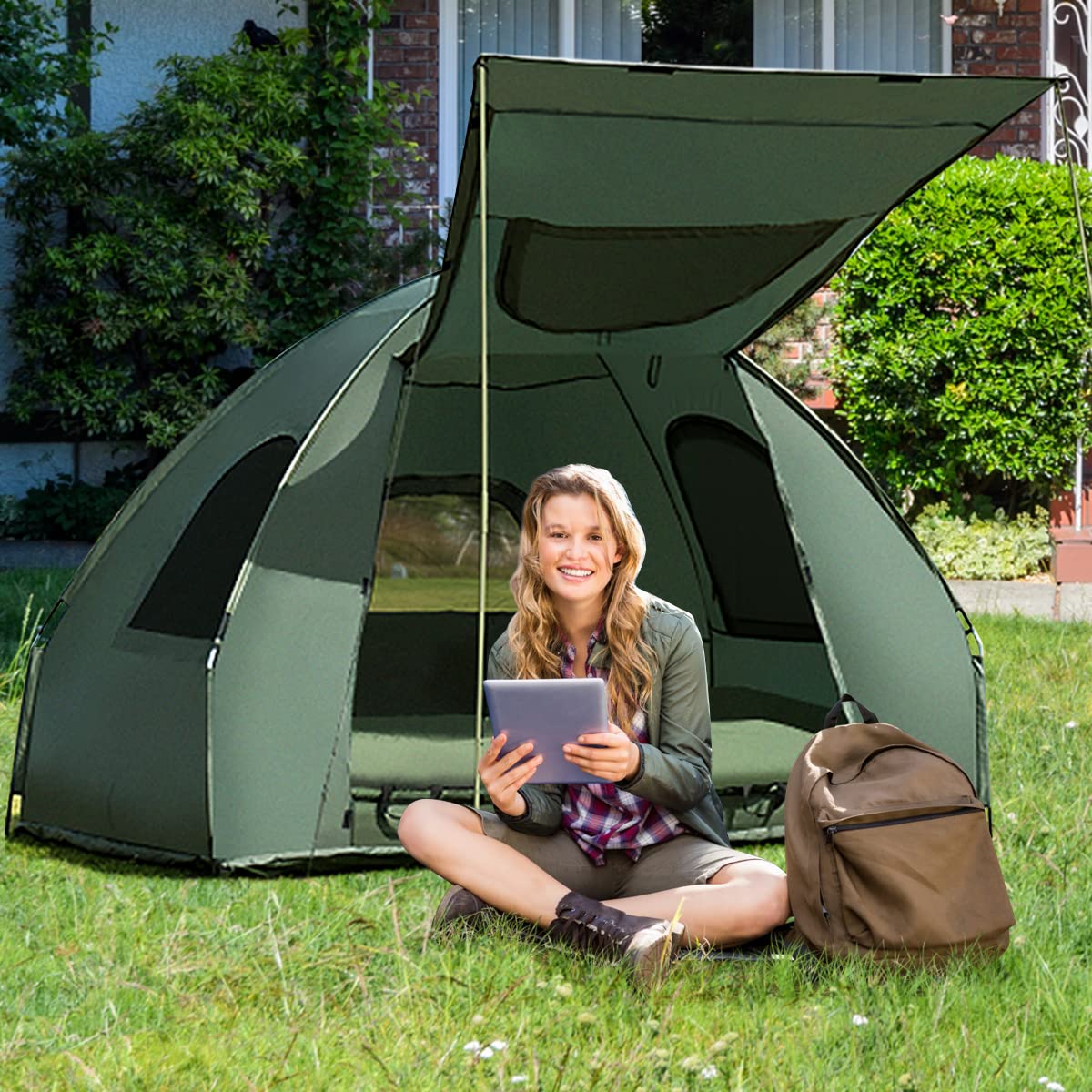 Moccha Folding Camping Tent Cot with Sleeping Bag and Air Mattress, Elevated Camping Tent with Carry Bag for Outdoor Activity, Hiking, Picnic (1-Person)