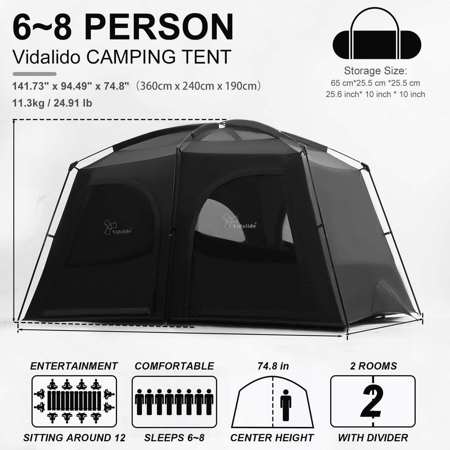 Vidalido Tents，6-8 Person Camping Tent with Extended Vestibule，2 Room Weather Resistant Family Tents，Easy Install Waterproof Outdoor Tent for Backpacking and Camping Hiking