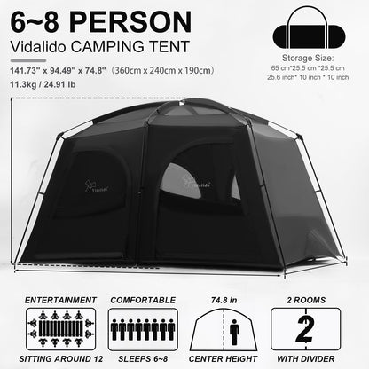 Vidalido Tents，6-8 Person Camping Tent with Extended Vestibule，2 Room Weather Resistant Family Tents，Easy Install Waterproof Outdoor Tent for Backpacking and Camping Hiking