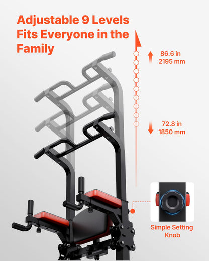 VEVOR Pull Up Bar, 330 LBS Power Tower Dip Station, Workout Dip Station with H-Shaped Stable Base & Assistance Platform, Adjustable 9 Level Height Pullup Stand for Back, 3-Level Adjustable Elbow Pads