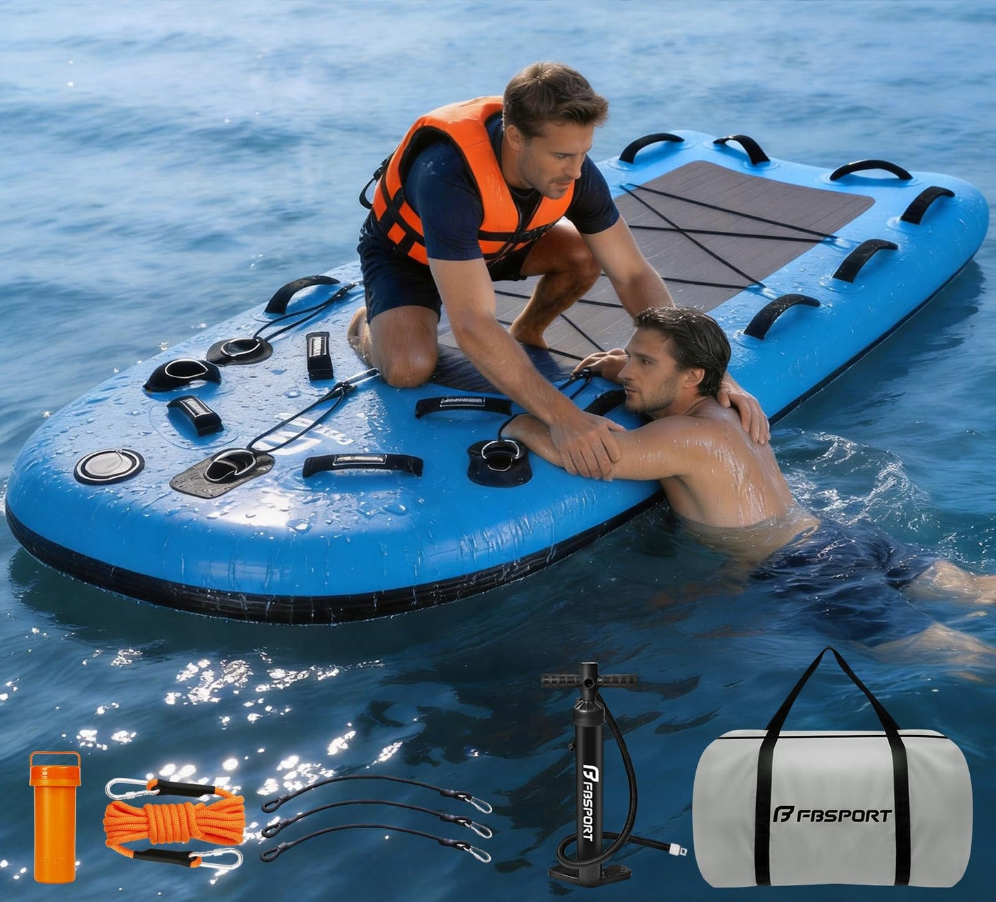 FBSPORT Inflatable Water Rescue Sled, Drop-Stitch PVC Rescue Board Floating Dock Platform Mat with Rapid Inflation, Portable 73"x39" Emergency Sled for Lakes, Oceans, Rivers, Surfing, Divers