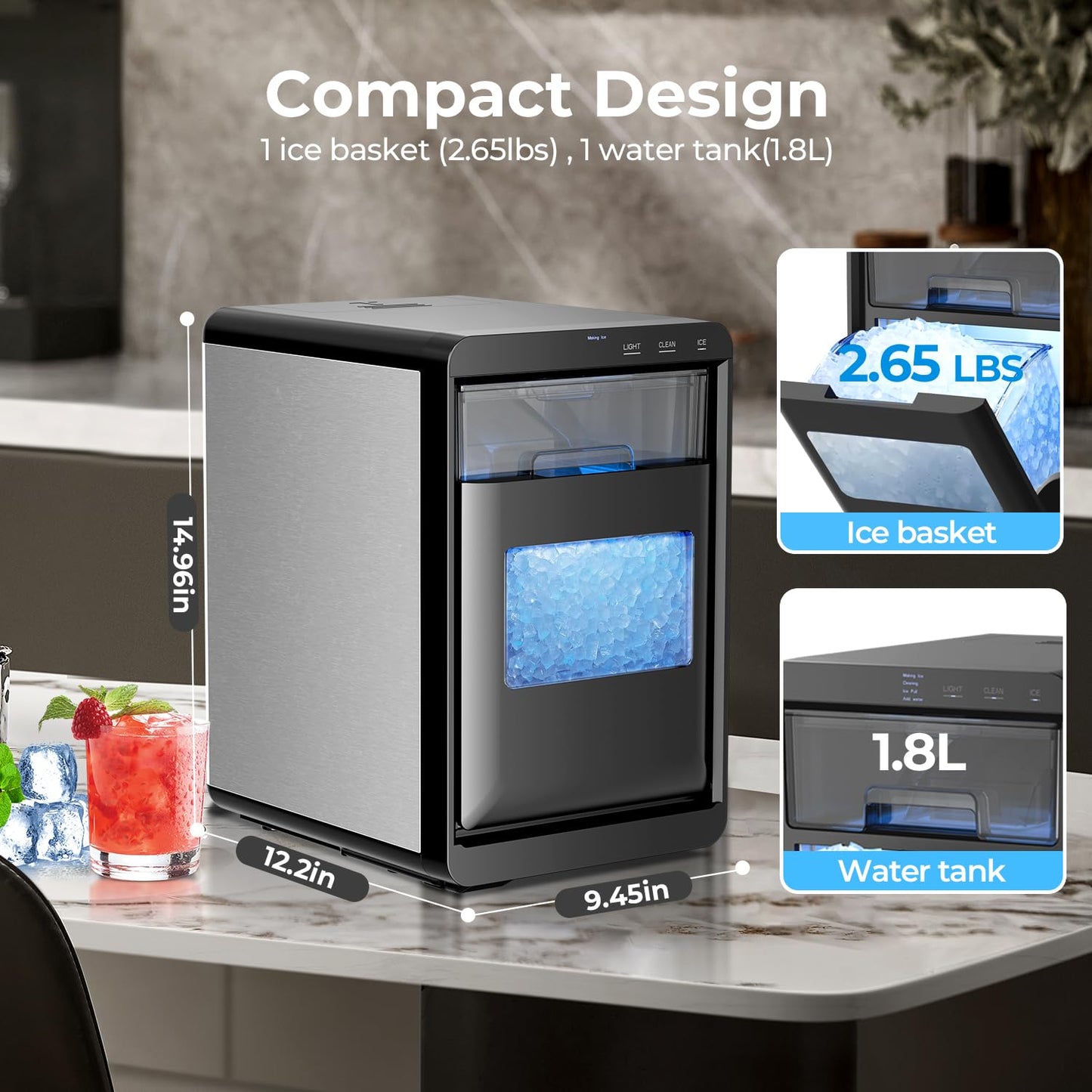 Antarctic Star Nugget Ice Maker Countertop - 44LB/Day, Self-Cleaning Portable Ice Machine with LED Display, 10-15 Minute Fast Ice Making for Home/Office/Bar