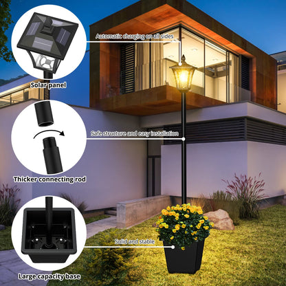ILANCK 64 Inch Solar Lamp Post Light with Planter, 60 High Lumens Street Light, Solar Post Lights Waterproof for Garden, Pathway, Lawn, Driveway, Front Back Door Outdoor Pole Lamp（Warm）