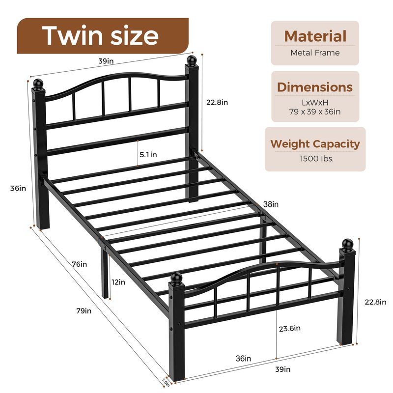 Blbeed Metal Twin Bed Frames, Noise-Free Design & Underbed Storage Heavy Duty Bed Frames with Headboard No Box Spring Needed/Tool-Free Assembly