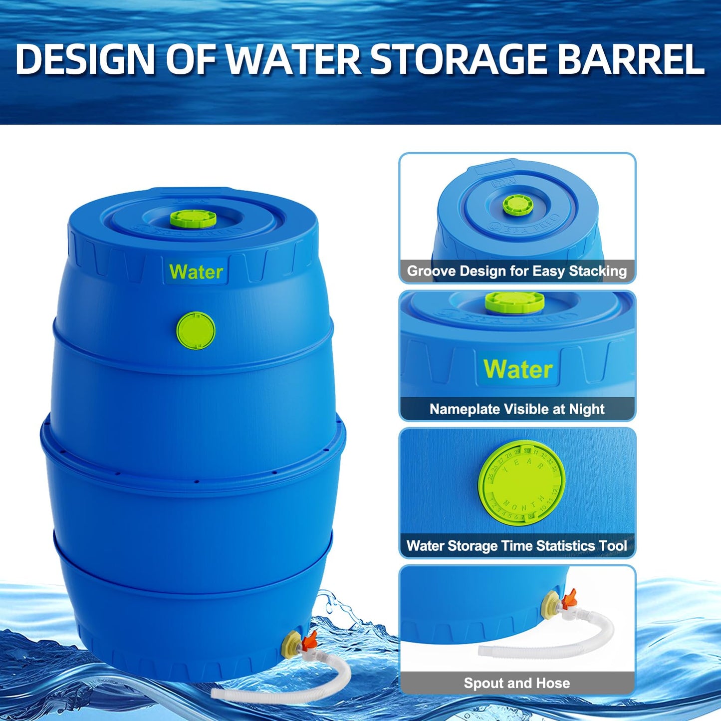 EJWOX 50 Gallon Blue Water Storage Barrel, BPA-Free Rainwater Collection Drum with Spigot, Stackable UV-Resistant Durable PP (Polypropylene) Barrel for Emergency Drinking Water & Gardening