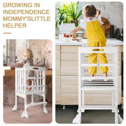 Kitchen Step Stool Helper - WOOD CITY Montessori Foldable Toddler Standing Tower for Toddlers with Safety Rail Height Adjustable Ideal Helper for Learning New Skills Natural Pine Wood (White)