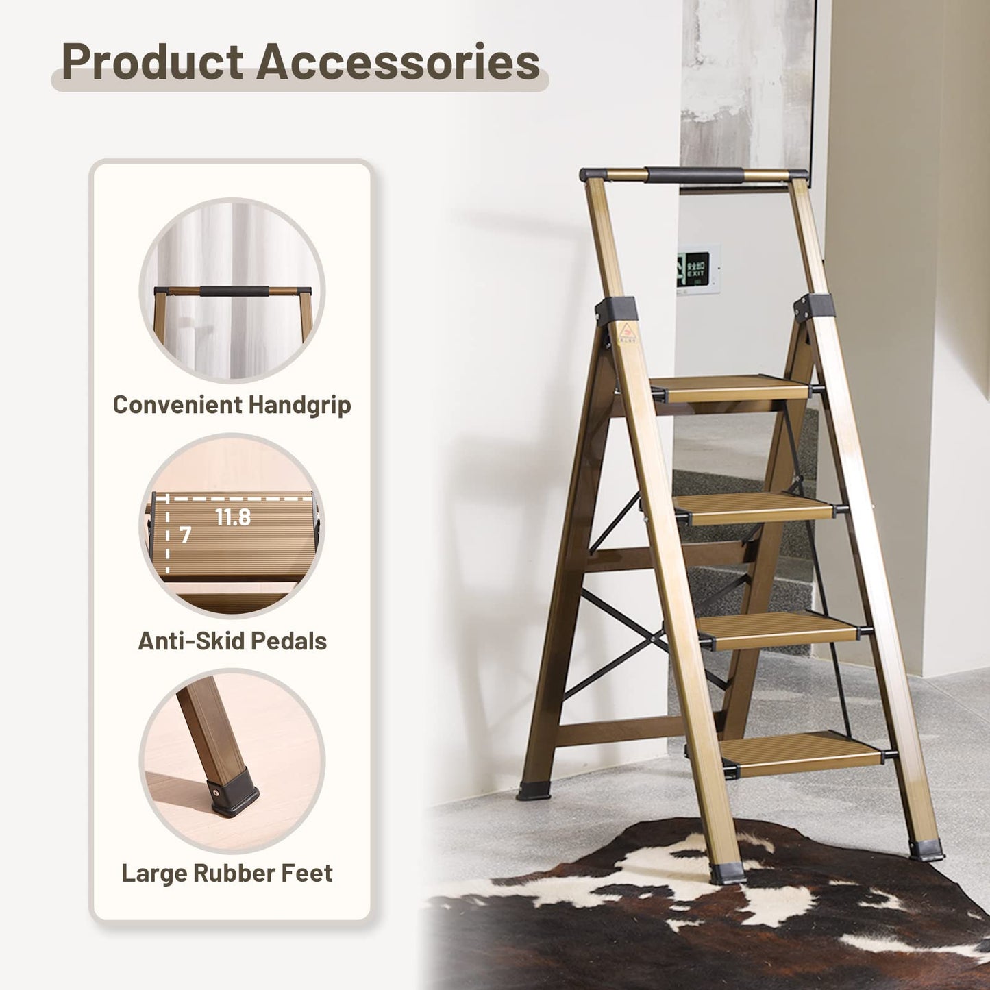 XinSunho 4 Step Ladder, Aluminum 4 Step Stool with Retractable Handrail and Anti-Slip Wide Pedal, Folding Stool Ladders 4 Steps, 330lbs Safety Household Slim Ladder