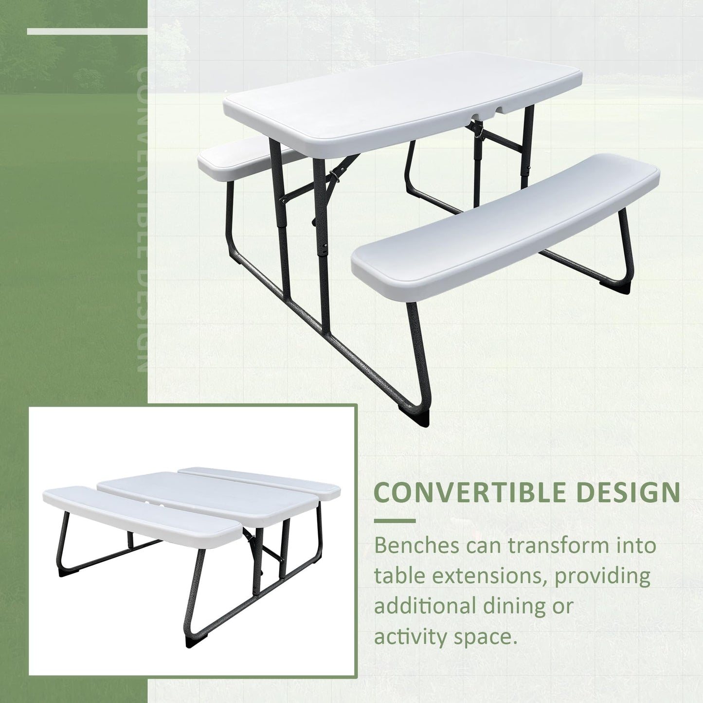 Elevon Kids Folding Picnic Table with Benches, Outdoor Picnic Table HDPE Tabletop & Steel Frame, Ideal for Yard Patio Lawn Party, White