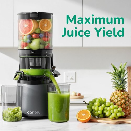 Canoly C16 Cold Press Juicer - 6" Extra Wide Feed Chute, 3-IN-1 Strainers for Juice, Sorbet & Nut Milk | Powerful AC Motor, BPA-Free (Space Gray)