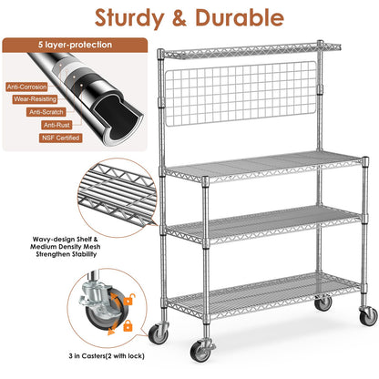 Leteuke Bakers Rack with Storage & Wheels, 42 Inch Microwave Stand Kitchen Shelves, 4-Tier Heavy Duty Storage Rack with 20 S-Hooks, Commercial Metal Utility Kitchen Cart, 42× 18× 63 Inch, Chrome