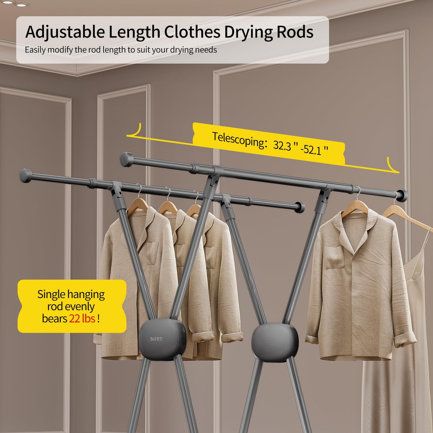 BIREN Clothes Drying Rack Heavy Duty Clothing Racks Foldable Laundry Rack Two Drying Modes Garment Racks for Drying Clothes, Adjustable Length from 32-55 Inches for Indoor Outdoor Use
