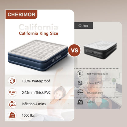 CHERIMOR California King Size Air Mattress with Built in Pump, 18" Luxury Thick Inflatable Blow up Mattress for Guests & Home, Fast Self-Inflating Air Bed with Carry Bag for Camping