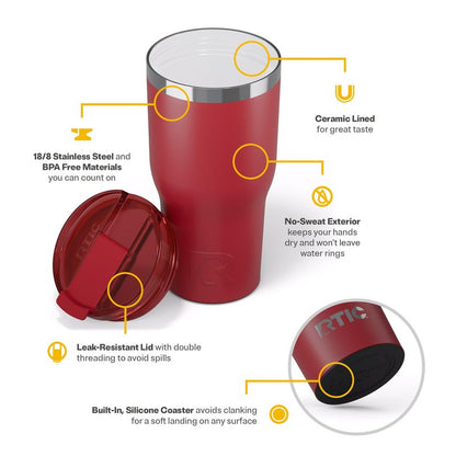 RTIC 30oz Essential Tumbler with Lid, Ceramic Lined, Insulated, Stainless Steel, Metal, Double Wall Vacuum-Insulation, Travel Cup for Iced Coffee, Tea, Hot and Cold Drink, Flag Red