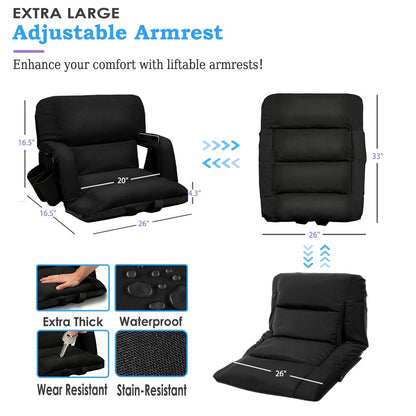 Stadium Seats with Back Support 2 Pack, 4.3" Thick Extra Wide Comfy Cushion 6 Adjustable Angle Bleacher Seat with Armrest, "Sofa Style" Design, Ultra-Strong Steel Frame, Multiple Pockets (Black, 25")