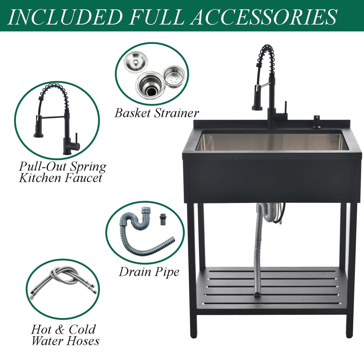 Bokaiya Black Stainless Steel Utility Sink Free Standing, Large Freestanding Laundry Sink with Faucet 16 Gauge Single Bowl Outdoor Commercial Sinks for Restaurant Garage (30.7" x 21.6" x 35")