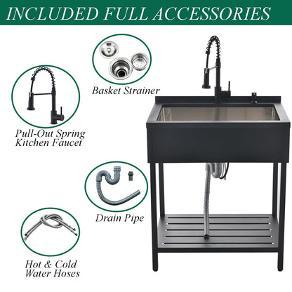 Bokaiya Black Stainless Steel Utility Sink Free Standing, Large Freestanding Laundry Sink with Faucet 16 Gauge Single Bowl Outdoor Commercial Sinks for Restaurant Garage (30.7" x 21.6" x 35")