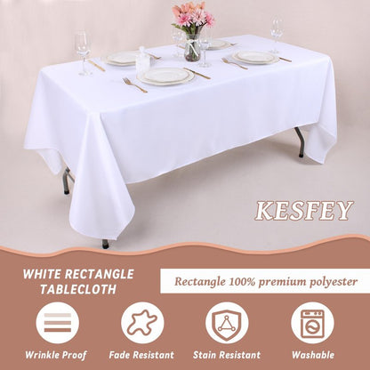 Kesfey 6 Packs White Table Cloths Rectangle 70 x120 inch Washable Polyester Fabric White Tablecloths for 6-8 Ft Tables Stain and Wrinkle Resistant Reusable Table Covers for Parties Wedding Banquet
